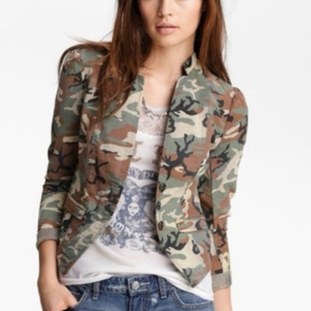 Free People Camo Green and Brown Blazer Tailored Fit Size 4